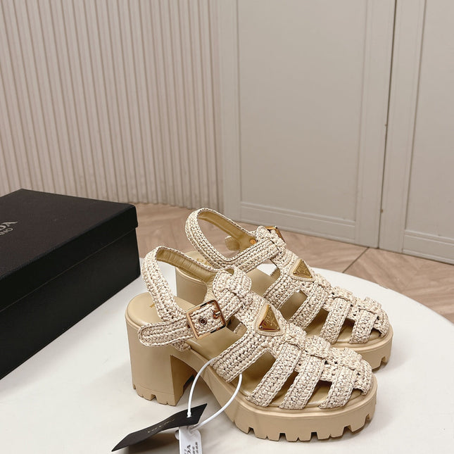 PRADA 26S HEELED FISHERMAN SANDALS IN BEIGE RAFFIA AND CALFSKIN