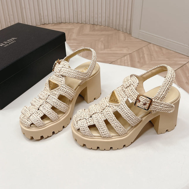 PRADA 26S HEELED FISHERMAN SANDALS IN BEIGE RAFFIA AND CALFSKIN