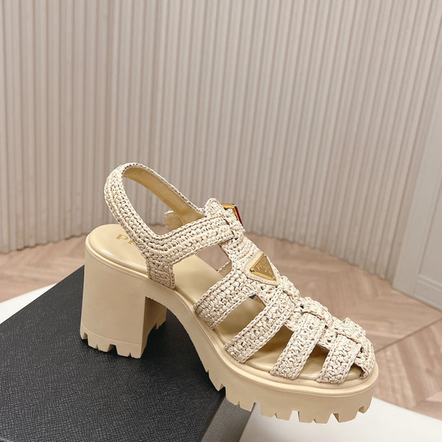 PRADA 26S HEELED FISHERMAN SANDALS IN BEIGE RAFFIA AND CALFSKIN