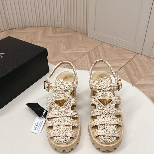 PRADA 26S HEELED FISHERMAN SANDALS IN BEIGE RAFFIA AND CALFSKIN