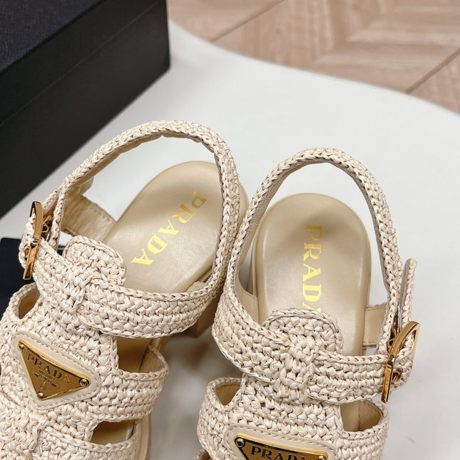 PRADA 26S HEELED FISHERMAN SANDALS IN BEIGE RAFFIA AND CALFSKIN