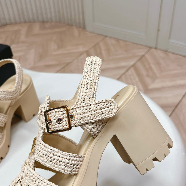 PRADA 26S HEELED FISHERMAN SANDALS IN BEIGE RAFFIA AND CALFSKIN