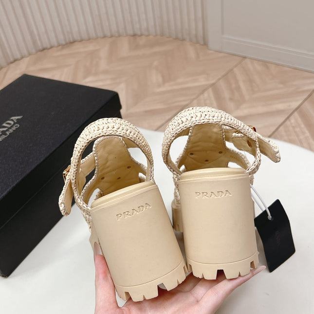 PRADA 26S HEELED FISHERMAN SANDALS IN BEIGE RAFFIA AND CALFSKIN