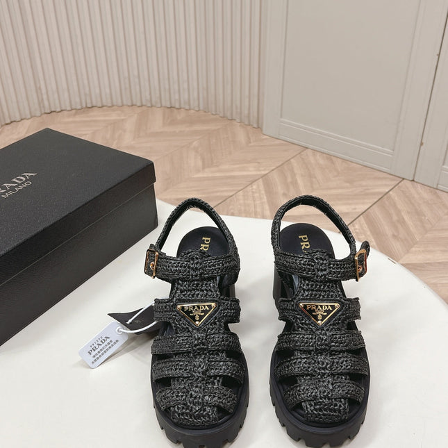 PRADA 26S HEELED FISHERMAN SANDALS IN BLACK RAFFIA AND CALFSKIN