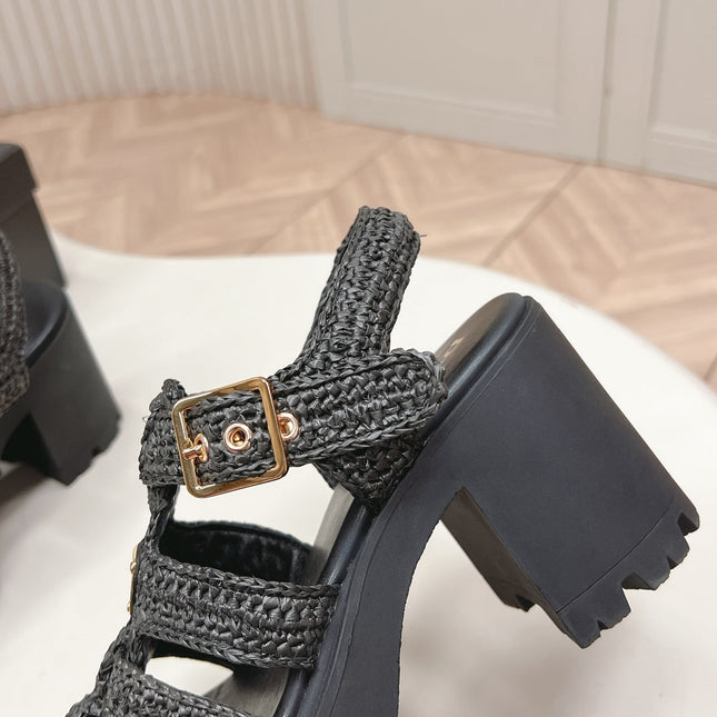 PRADA 26S HEELED FISHERMAN SANDALS IN BLACK RAFFIA AND CALFSKIN