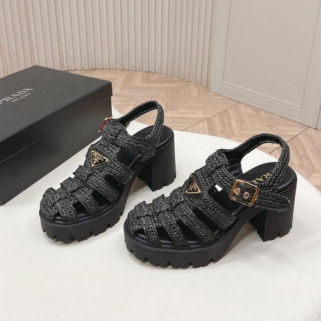 PRADA 26S HEELED FISHERMAN SANDALS IN BLACK RAFFIA AND CALFSKIN