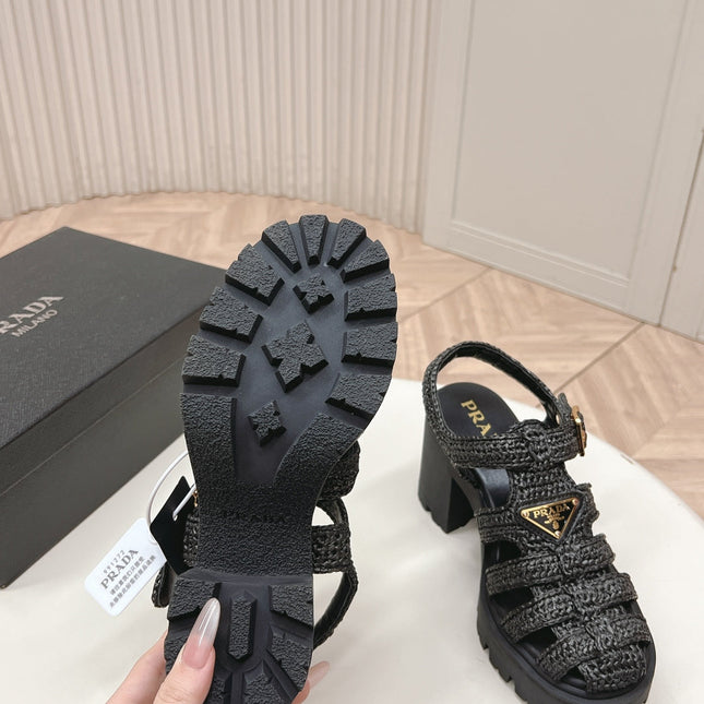 PRADA 26S HEELED FISHERMAN SANDALS IN BLACK RAFFIA AND CALFSKIN