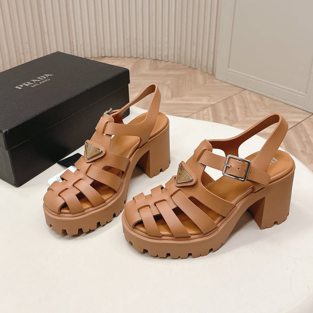PRADA 26S CAGED PLATFORM HEEL SANDALS IN CARAMEL BROWN CALFSKIN
