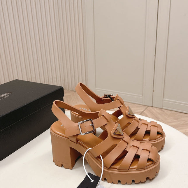 PRADA 26S CAGED PLATFORM HEEL SANDALS IN CARAMEL BROWN CALFSKIN