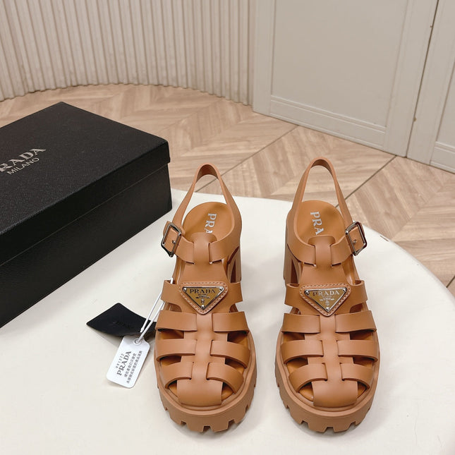 PRADA 26S CAGED PLATFORM HEEL SANDALS IN CARAMEL BROWN CALFSKIN
