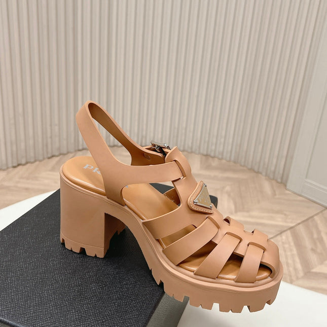 PRADA 26S CAGED PLATFORM HEEL SANDALS IN CARAMEL BROWN CALFSKIN