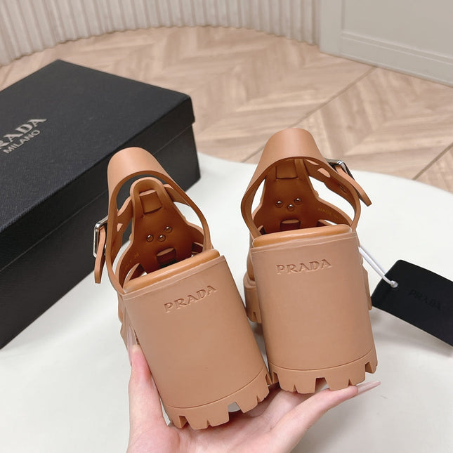 PRADA 26S CAGED PLATFORM HEEL SANDALS IN CARAMEL BROWN CALFSKIN
