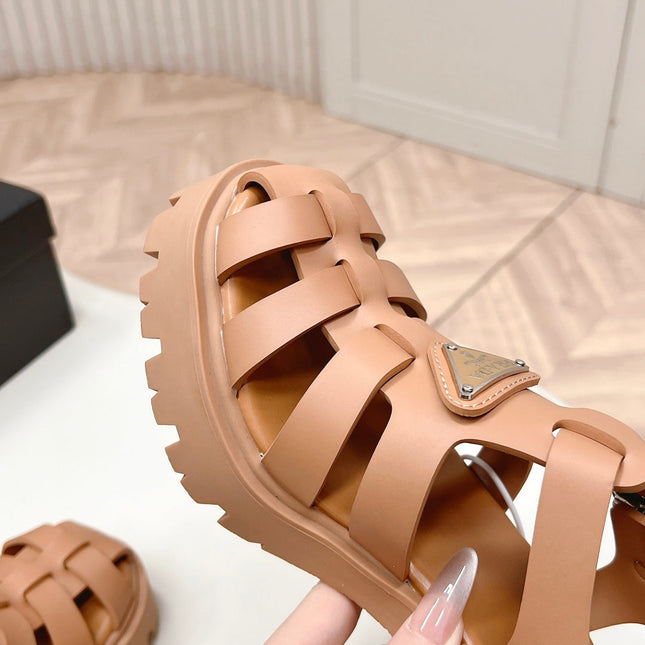 PRADA 26S CAGED PLATFORM HEEL SANDALS IN CARAMEL BROWN CALFSKIN