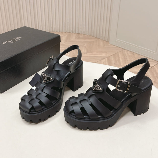 PRADA 26S CAGED PLATFORM HEEL SANDALS IN BLACK CALFSKIN