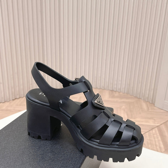 PRADA 26S CAGED PLATFORM HEEL SANDALS IN BLACK CALFSKIN