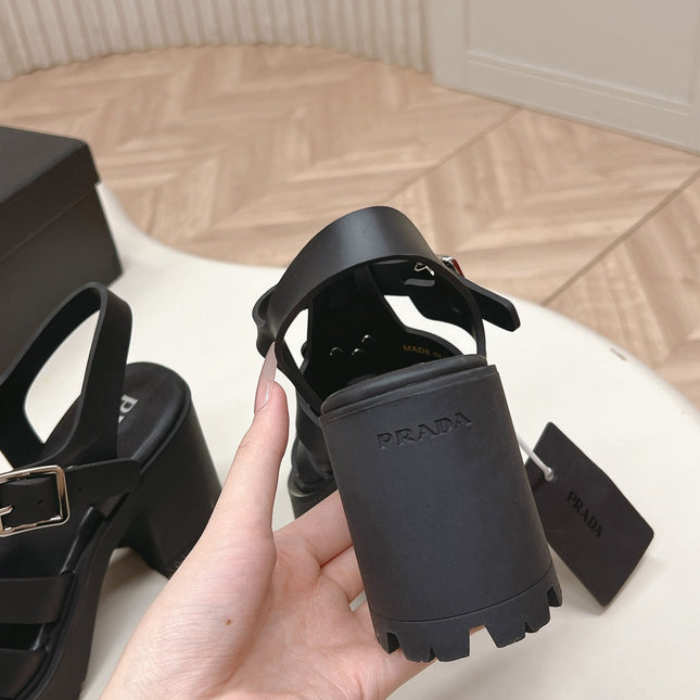 PRADA 26S CAGED PLATFORM HEEL SANDALS IN BLACK CALFSKIN
