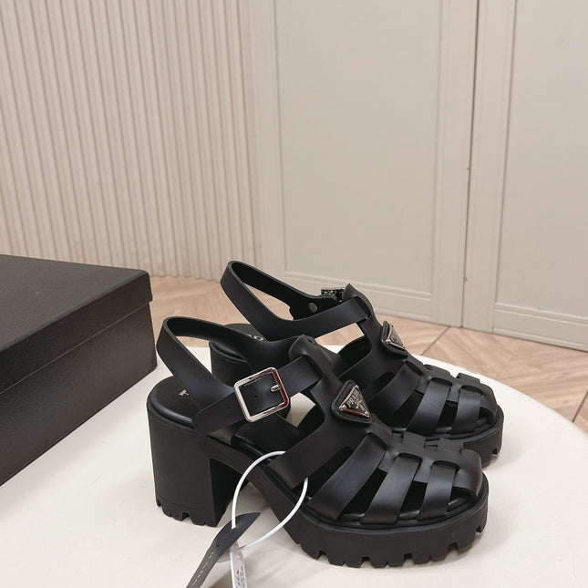PRADA 26S CAGED PLATFORM HEEL SANDALS IN BLACK CALFSKIN