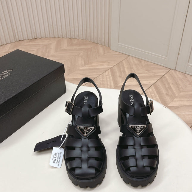 PRADA 26S CAGED PLATFORM HEEL SANDALS IN BLACK CALFSKIN