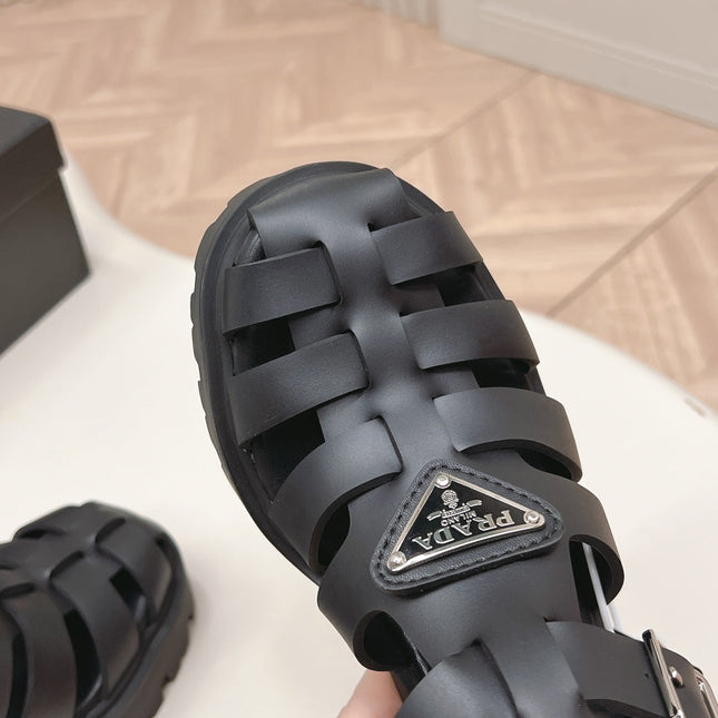 PRADA 26S CAGED PLATFORM HEEL SANDALS IN BLACK CALFSKIN
