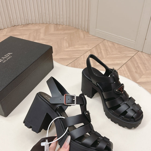 PRADA 26S CAGED PLATFORM HEEL SANDALS IN BLACK CALFSKIN