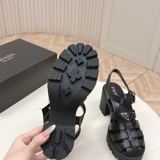 PRADA 26S CAGED PLATFORM HEEL SANDALS IN BLACK CALFSKIN