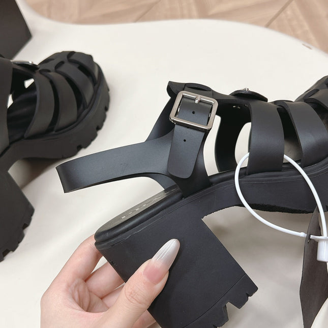 PRADA 26S CAGED PLATFORM HEEL SANDALS IN BLACK CALFSKIN