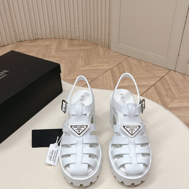 PRADA 26S CAGED PLATFORM HEEL SANDALS IN WHITE CALFSKIN
