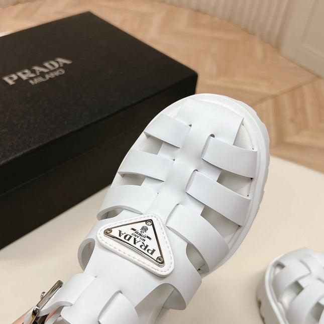 PRADA 26S CAGED PLATFORM HEEL SANDALS IN WHITE CALFSKIN
