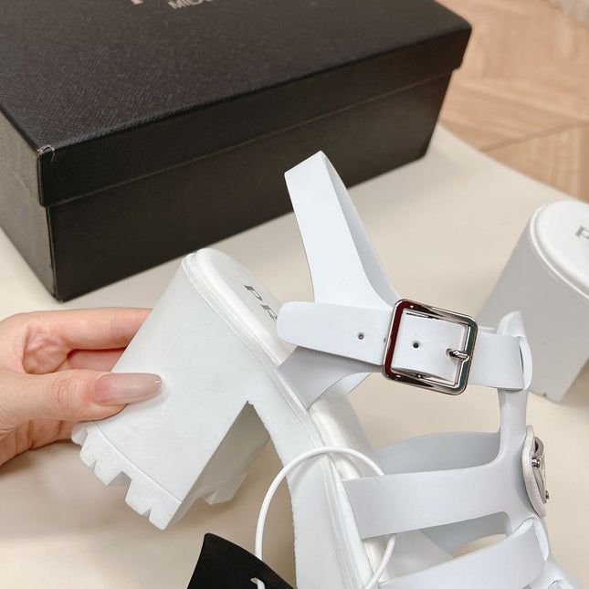 PRADA 26S CAGED PLATFORM HEEL SANDALS IN WHITE CALFSKIN
