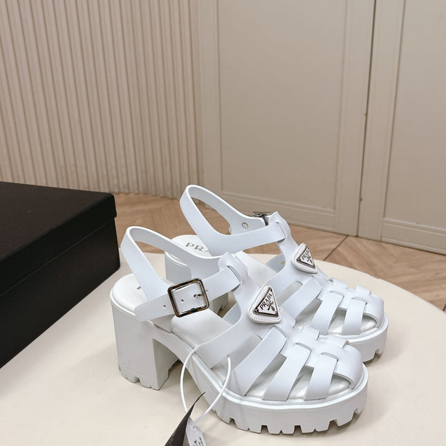 PRADA 26S CAGED PLATFORM HEEL SANDALS IN WHITE CALFSKIN