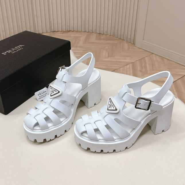 PRADA 26S CAGED PLATFORM HEEL SANDALS IN WHITE CALFSKIN
