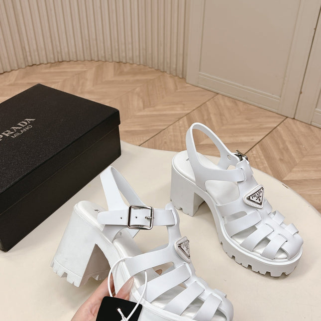 PRADA 26S CAGED PLATFORM HEEL SANDALS IN WHITE CALFSKIN
