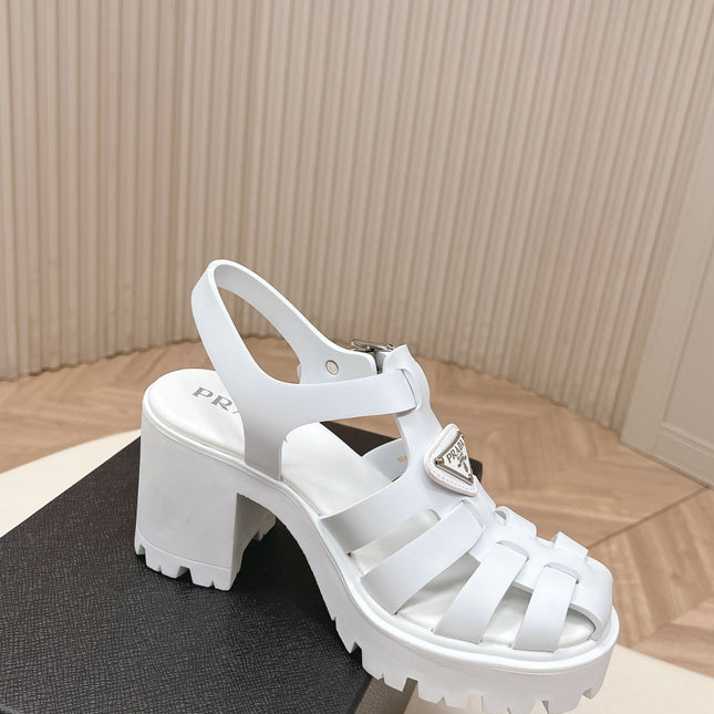 PRADA 26S CAGED PLATFORM HEEL SANDALS IN WHITE CALFSKIN