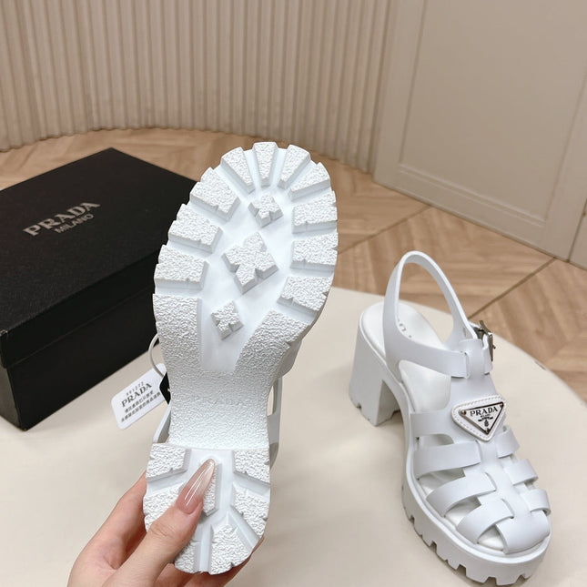 PRADA 26S CAGED PLATFORM HEEL SANDALS IN WHITE CALFSKIN