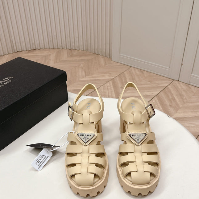PRADA 26S CAGED PLATFORM HEEL SANDALS IN BEIGE CALFSKIN
