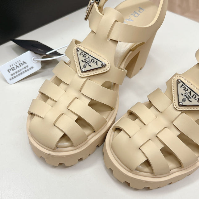 PRADA 26S CAGED PLATFORM HEEL SANDALS IN BEIGE CALFSKIN