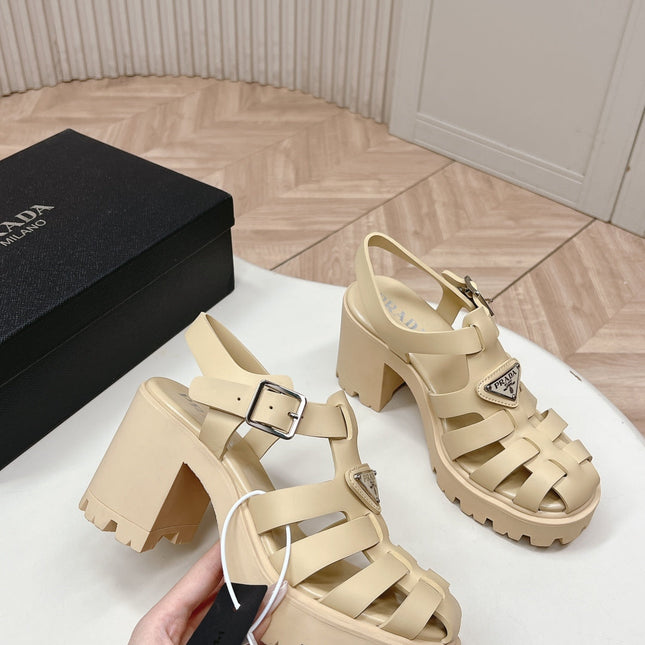 PRADA 26S CAGED PLATFORM HEEL SANDALS IN BEIGE CALFSKIN