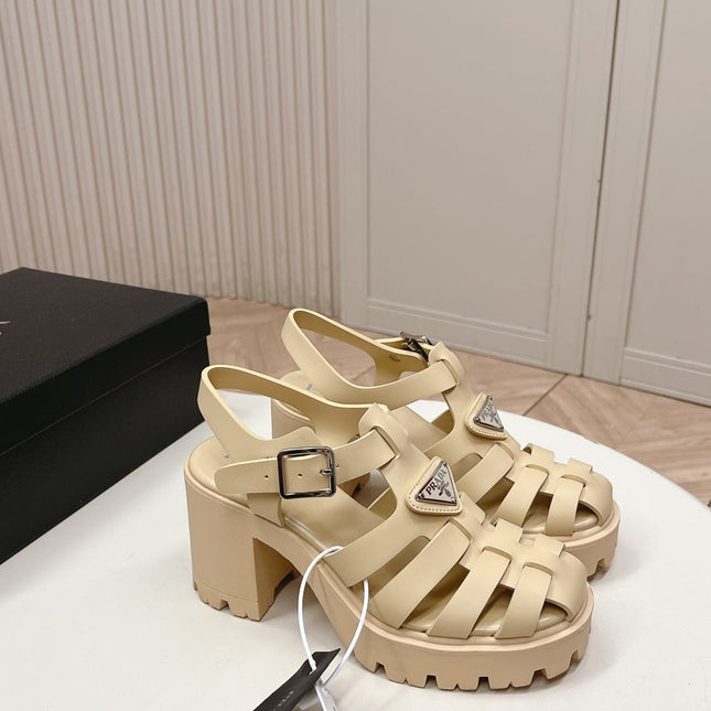 PRADA 26S CAGED PLATFORM HEEL SANDALS IN BEIGE CALFSKIN