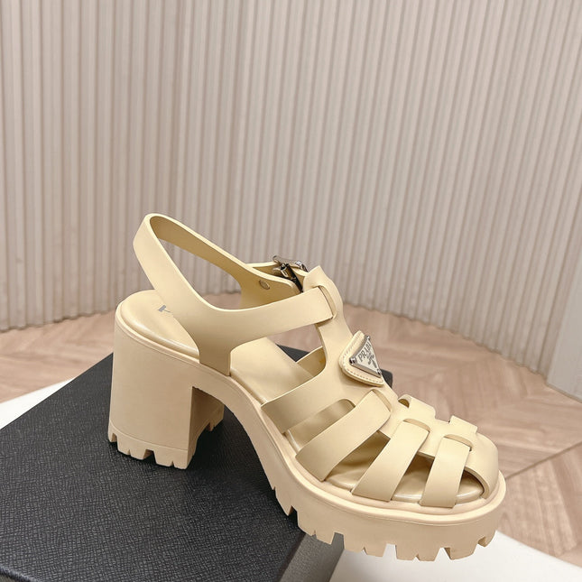 PRADA 26S CAGED PLATFORM HEEL SANDALS IN BEIGE CALFSKIN