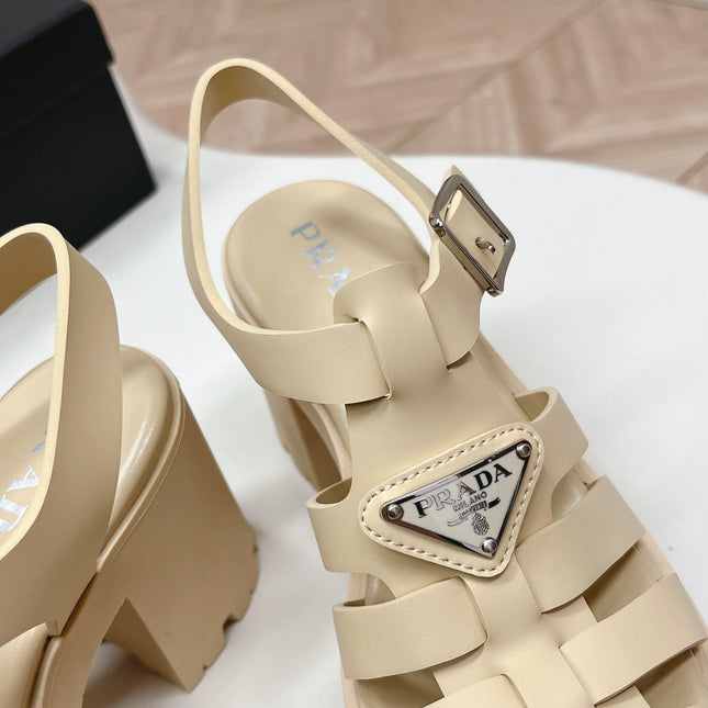 PRADA 26S CAGED PLATFORM HEEL SANDALS IN BEIGE CALFSKIN