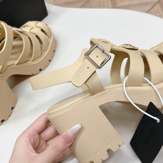 PRADA 26S CAGED PLATFORM HEEL SANDALS IN BEIGE CALFSKIN