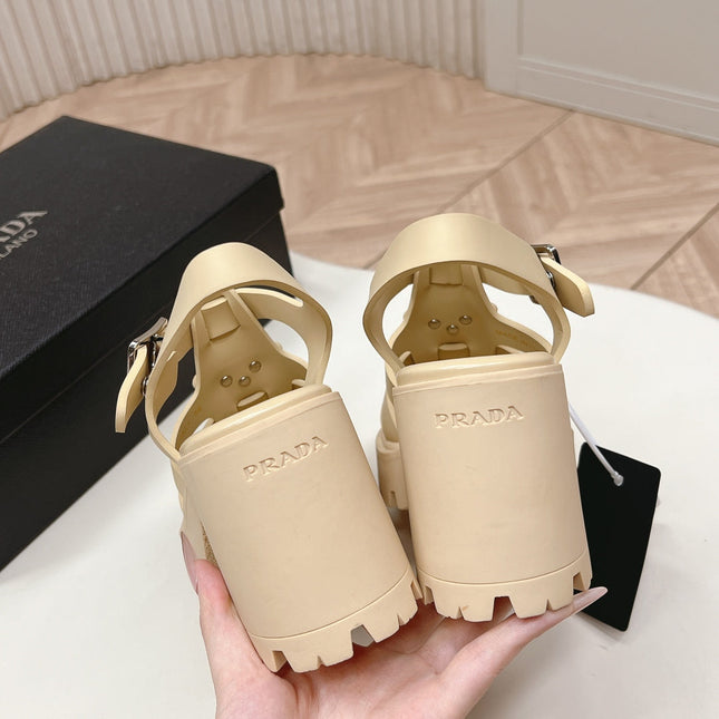 PRADA 26S CAGED PLATFORM HEEL SANDALS IN BEIGE CALFSKIN