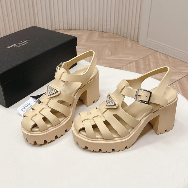 PRADA 26S CAGED PLATFORM HEEL SANDALS IN BEIGE CALFSKIN