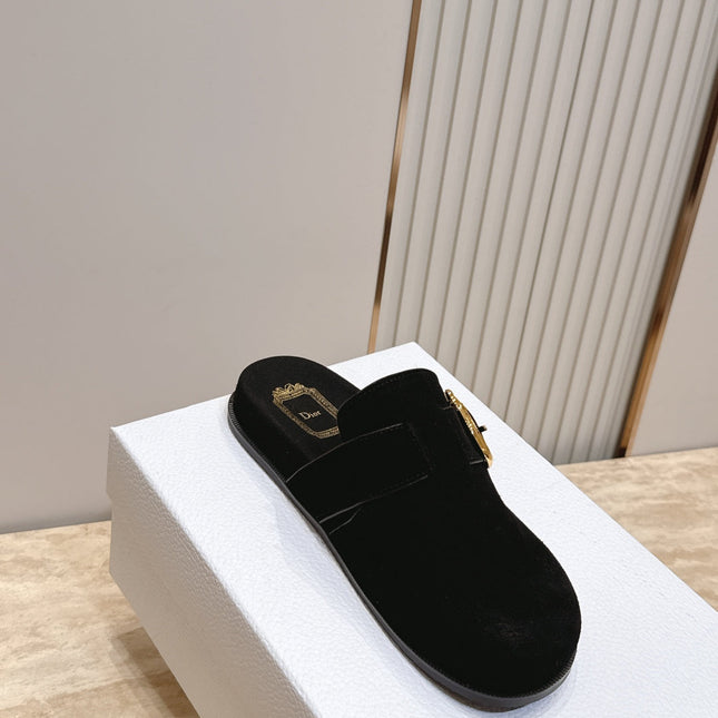 DIOR 26S BUCKLE MULE LOAFERS IN BLACK SUEDE GOLD HARDWARE