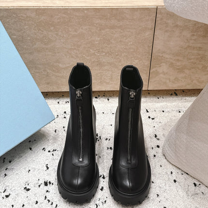 PRADA 26S FRONT ZIP CHUNKY HEEL ANKLE BOOTS 70MM IN BLACK CALFSKIN