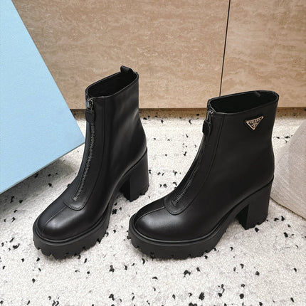 PRADA 26S FRONT ZIP CHUNKY HEEL ANKLE BOOTS 70MM IN BLACK CALFSKIN