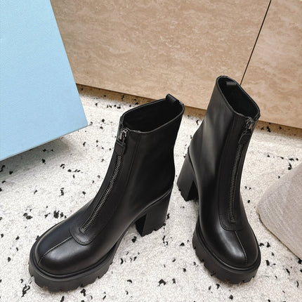 PRADA 26S FRONT ZIP CHUNKY HEEL ANKLE BOOTS 70MM IN BLACK CALFSKIN