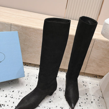 PRADA 26S POINTED TOE KNEE HIGH BOOTS 30MM IN BLACK CALFSKIN