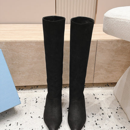 PRADA 26S POINTED TOE KNEE HIGH BOOTS 30MM IN BLACK CALFSKIN