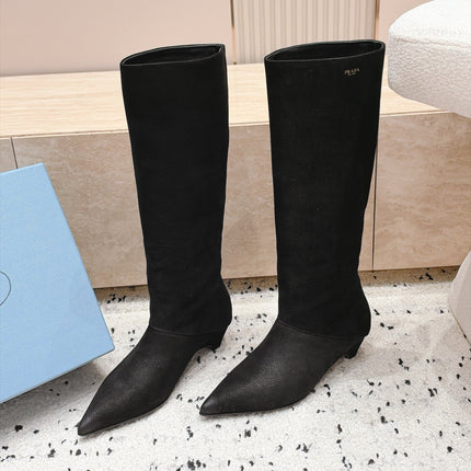 PRADA 26S POINTED TOE KNEE HIGH BOOTS 30MM IN BLACK CALFSKIN